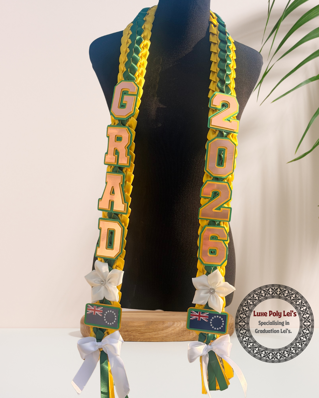 Pre-Made Cook Island Inspired Graduation Sash Lei with Flags + Flowers