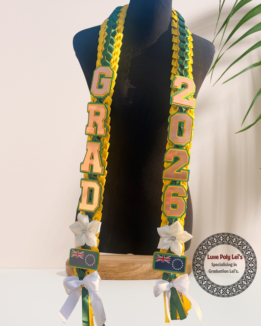 Pre-Made Cook Island Inspired Graduation Sash Lei with Flags + Flowers